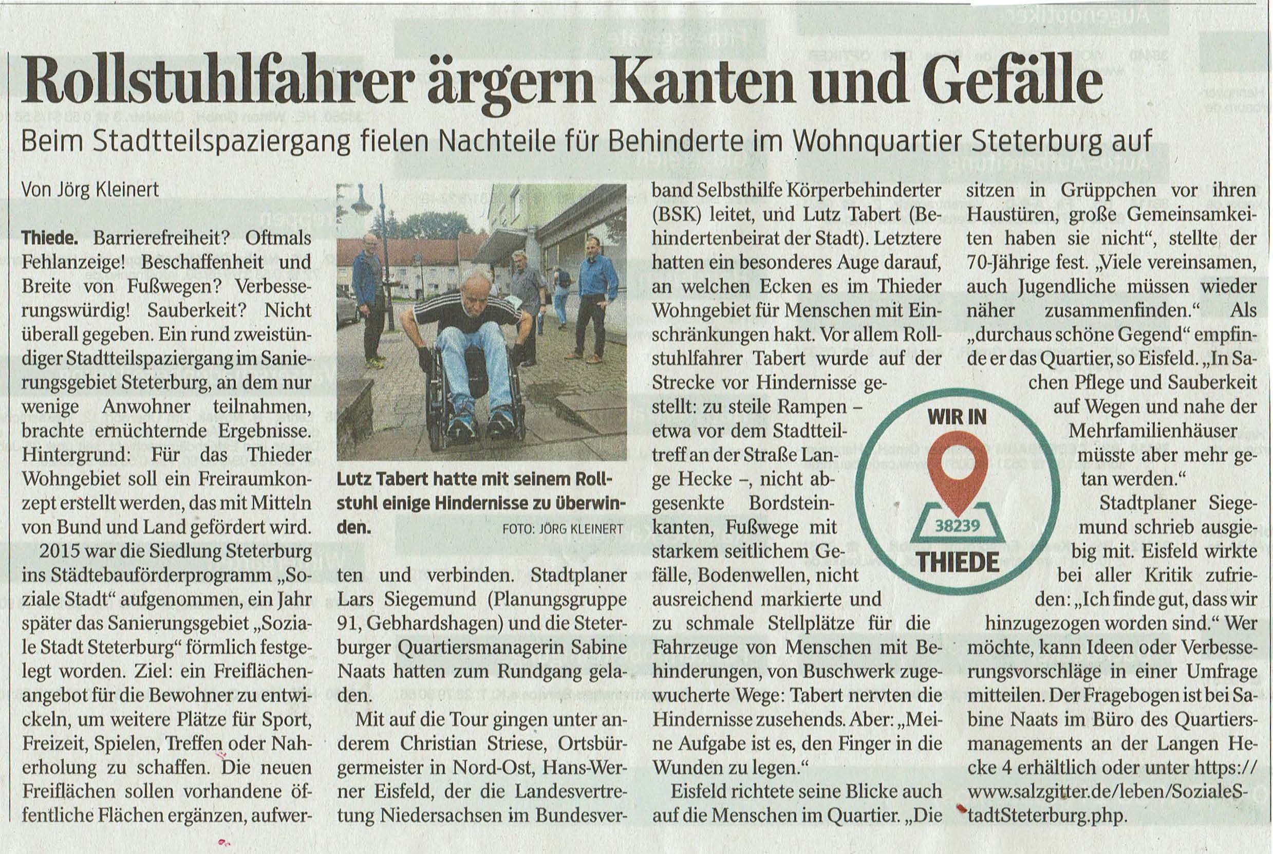 Artikel Salzgitter Zeitung zur Ortsbegehung in Thiede